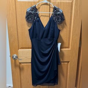 Xscape Beaded Flutter-Sleeve Dress